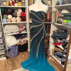 Strapless Teal and Silver Gown Formal Prom